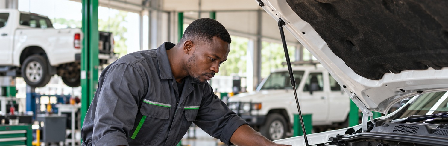 Automotive mechanic working on a vehicle
